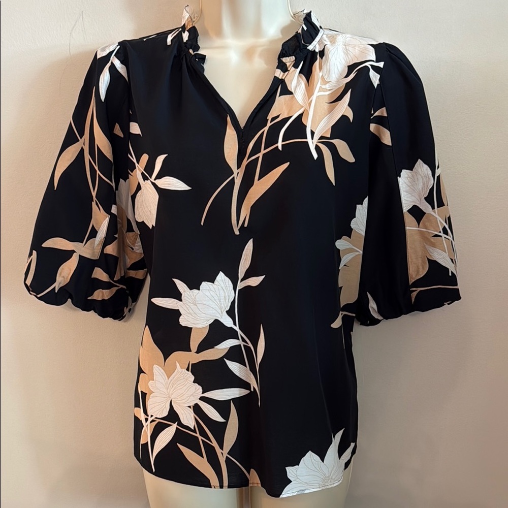 Ann Taylor Black Floral Puff-Sleeve Women's Blouse - cotton blend size small